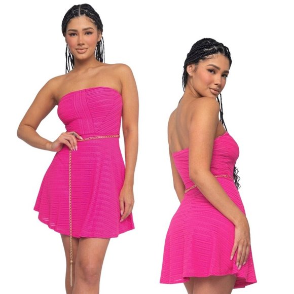 Blue S Dresses & Skirts - Mini Dress and Lining, Pink Strapless Off Shoulder Gold Chain Belt